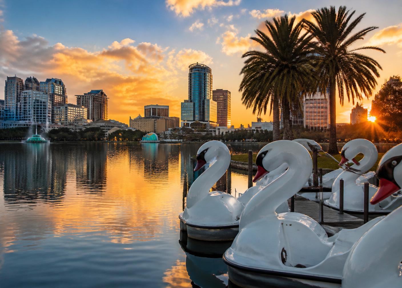 Lake Eola Park in downtown Orlando at sunset
